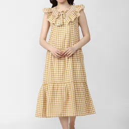Van Heusen Woman Checked Ruffles Tiered Pure Cotton A-Line Midi Dress image 1
