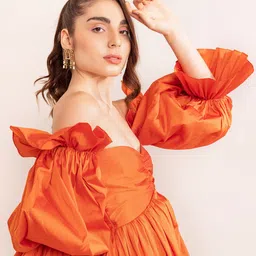 KAORI BY SHREYA AGARWAL Off-Shoulder Puff Sleeves Fit & Flare Midi Dress image 2