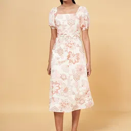 Honey by Pantaloons Floral Printed Smocked Details Cotton A-Line Midi Dress With Belt-image-50