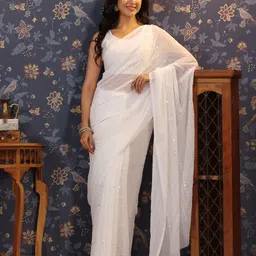 House of Pataudi White Striped Sequined Embroidered Poly Georgette Saree image 1