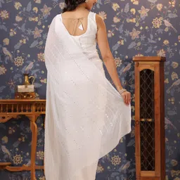 House of Pataudi White Striped Sequined Embroidered Poly Georgette Saree image 4