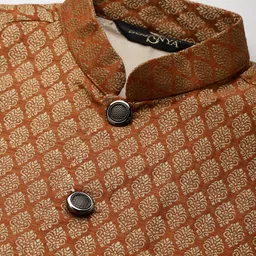 SOJANYA Men Pink & Orange Ethnic Motifs Kurta with Churidar & Nehru Jacket image 3