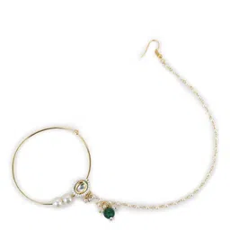 Ruby Raang Gold-Plated White & Green Kundan-Studded & Pearl Beaded Nosepin image 2