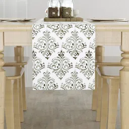 HOMEMONDE White & Grey Printed Cotton 6-Seater Table Runner image 1