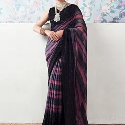Mitera Black & Pink Striped Zari Saree-picture-16