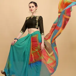 Sangria Turquoise Blue & Red Colourblocked Pure Georgette Saree image 1