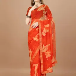 Mitera Orange Abstract Printed Beads & Stones Pure Georgette Saree-image-39
