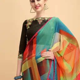Sangria Turquoise Blue & Red Colourblocked Pure Georgette Saree image 2