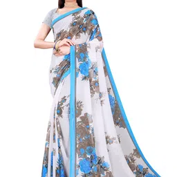 SAADHVI White & Blue Floral Pure Georgette Saree image 2