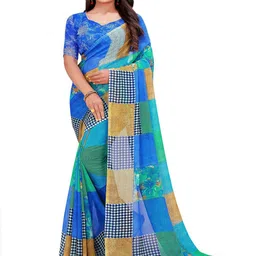 SAADHVI White & Blue Floral Pure Georgette Saree image 3