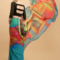 Sangria Turquoise Blue & Red Colourblocked Pure Georgette Saree image 4