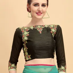 Sangria Turquoise Blue & Red Colourblocked Pure Georgette Saree image 5