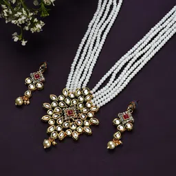 SOHI Woman White Kundan Beads Gold Plated Necklace Set-image-24