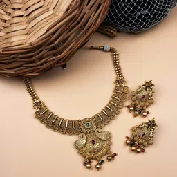 StileAdda Gold-Plated Stone-Studded Kempu Jewellery Set image 1