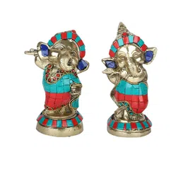 Aapno Rajasthan Set Of 2 Gold-Toned & Red Lord Ganesh Figurines With A Flute Showpieces image 4