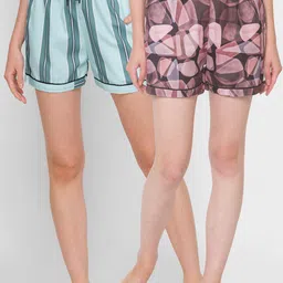 FashionRack Women Teal & Brown Pair Of 2 Printed Lounge Shorts-picture-21
