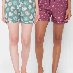 FashionRack Women Green & Purple Set Of 2 Printed Lounge Shorts-image-9