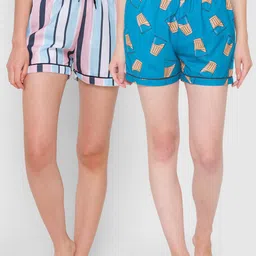 FashionRack Women Pack Of 2 Blue & Pink Printed Lounge Shorts-picture-12