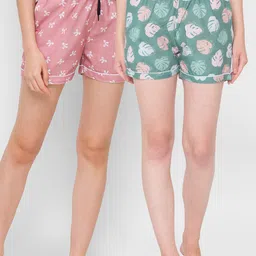 FashionRack Women Pack of 2 Green & Pink Printed Cotton Lounge Shorts-picture-12