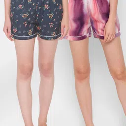 FashionRack Women Navy Blue & Purple Set of 2 Printed Lounge Shorts-picture-32
