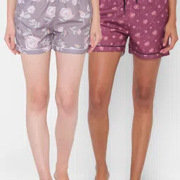 FashionRack Women Purple & Maroon Pack of 2 Printed Cotton Lounge Shorts-picture-10