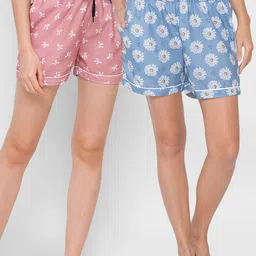 FashionRack Women Pack Of 2 Pack Of 2Blue & Brown Printed Lounge Shorts-picture-38