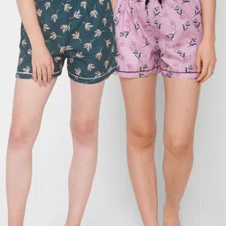 FashionRack Pack of 2 Women Green & Pink Printed Cotton Lounge Shorts-picture-14