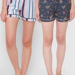 FashionRack Women Pack of 2 Navy Blue & Pink Printed Cotton Lounge Shorts-picture-16