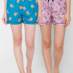 FashionRack Women Pack Of 2 Blue & Pink Printed Lounge Shorts-picture-38