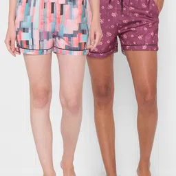 FashionRack Women Pack of 2 Peach-Coloured & Purple Printed Cotton Lounge Shorts-image-71