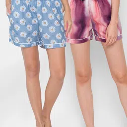 FashionRack Women Pack Of 2 Blue & Peach-Coloured Printed Lounge Shorts-picture-25