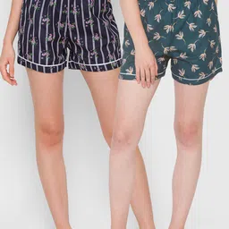 FashionRack Pack of 2 Women Green & Navy Blue Printed Cotton Lounge Shorts-picture-24