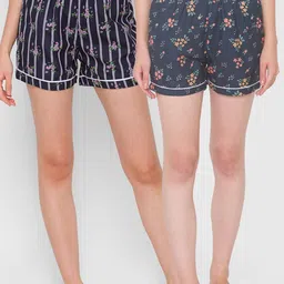 FashionRack Women Navy Blue & Black Set of 2 Printed Lounge Shorts-picture-24