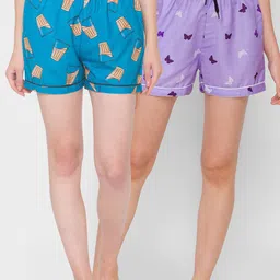 FashionRack Women Pack Of 2 Blue & Purple Printed Lounge Shorts-picture-42