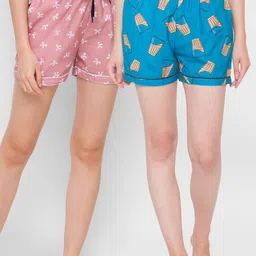 FashionRack Women Pack Of 2 Blue & Brown Printed Lounge Shorts-picture-34