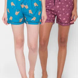 FashionRack Women Pack Of 2 Blue & Purple Printed Lounge Shorts-picture-13