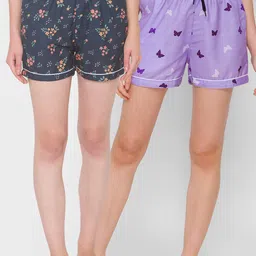 FashionRack Women Navy Blue & Purple Set of 2 Printed Lounge Shorts-picture-11