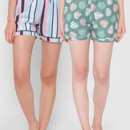FashionRack Women Green & Blue Set Of 2 Printed Lounge Shorts-picture-41