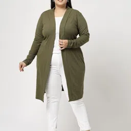 plusS Olive Green Cotton Open Front Longline Shrug image 1