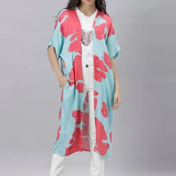 RAREISM Women Blue & Peach-Coloured Printed Longline Shrug image 5