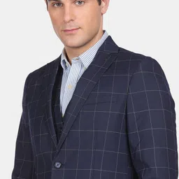 Arrow Men Navy Blue Checked Regular-Fit Single-Breasted 3-Piece Formal Suit image 3