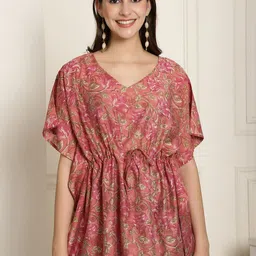 Aawari Pink Floral Print Extended Sleeves Pure Silk Kaftan Longline Top image 1