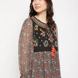Antheaa Floral Printed Tie-Up Neck Puff Sleeves Embroidered A-Line Top image 3