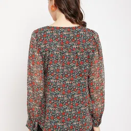 Antheaa Floral Printed Tie-Up Neck Puff Sleeves Embroidered A-Line Top image 4