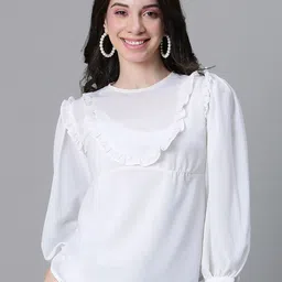 Oxolloxo Round Neck Ruffled Cuffed Sleeves Top-image-2