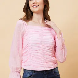 Globus Floral Printed Square Neck Bell Sleeves Georgette Ruched Top-image-21