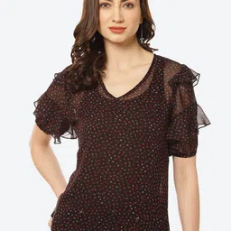 Kurti's by Menka Women Black & Red Floral Print Georgette Top-picture-39