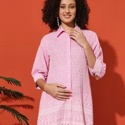 angloindu Women Floral Embroidered Printed Cotton Shirt Style Longline Top-picture-20