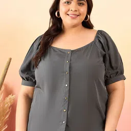 Sztori Plus Size Square Neck Puff Sleeve Shirt Style Crepe Top-picture-42