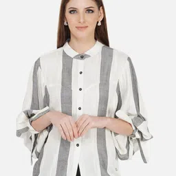 FABNEST White & Grey Striped Pure Cotton Shirt Style Top-picture-11